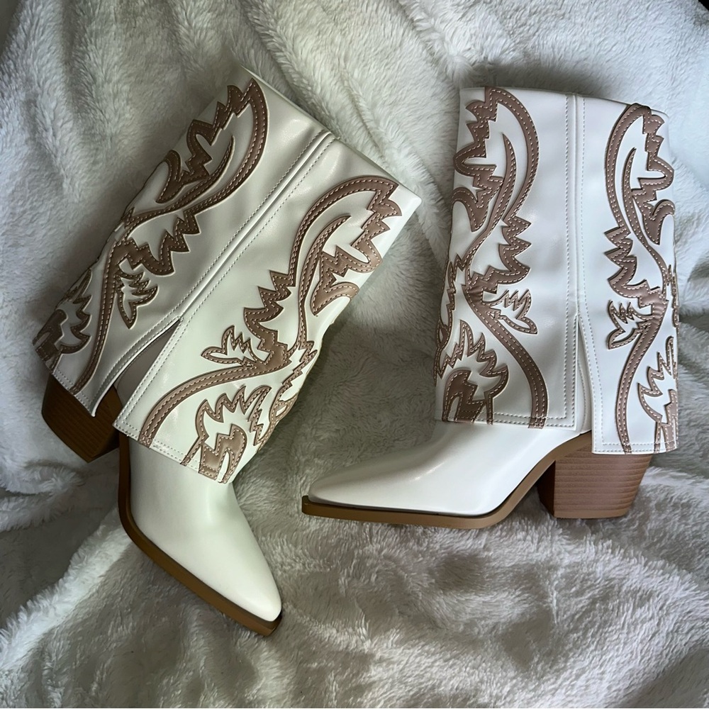 Azalea Wang Esperanza Cowboy Heeled Boot White Beige 6 Bohemian Country Concert - Picture 5 of 14